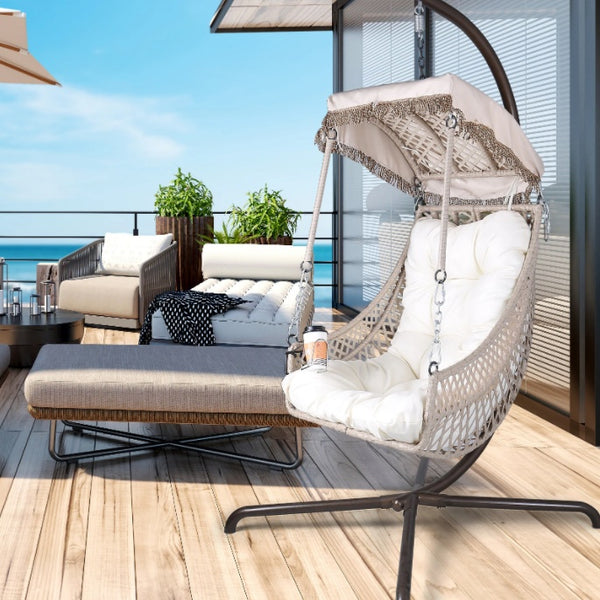 Beige Indoor/Outdoor Swing Egg Chair with Stand, UV Cushion, and Cup Holder