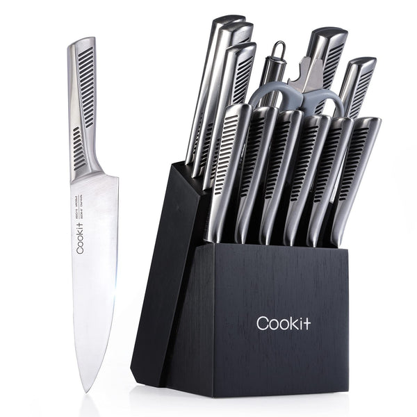 15-Piece Kitchen Knife Set with Block, German Stainless Steel Chef Knives & Scissors